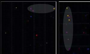 Above: Waterfall display highlighting the EMDAR bursts detected at (from top) time index 6, 7 and 8. Only the two relevant arrays are shown in each example.