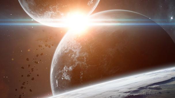 Star shining between two moons seen from orbit around planet